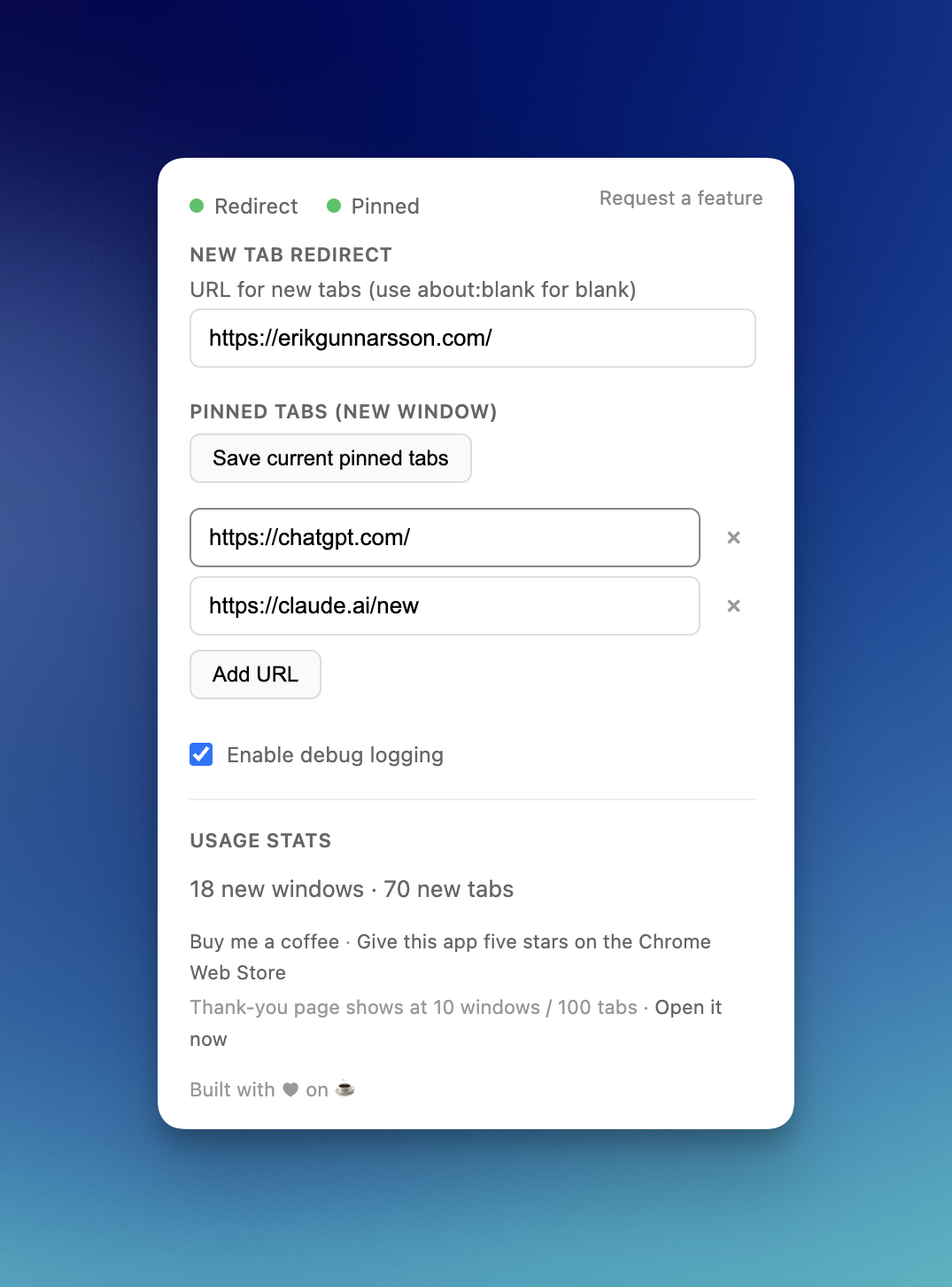 Extension options: New Tab Redirect and Pinned Tabs configuration